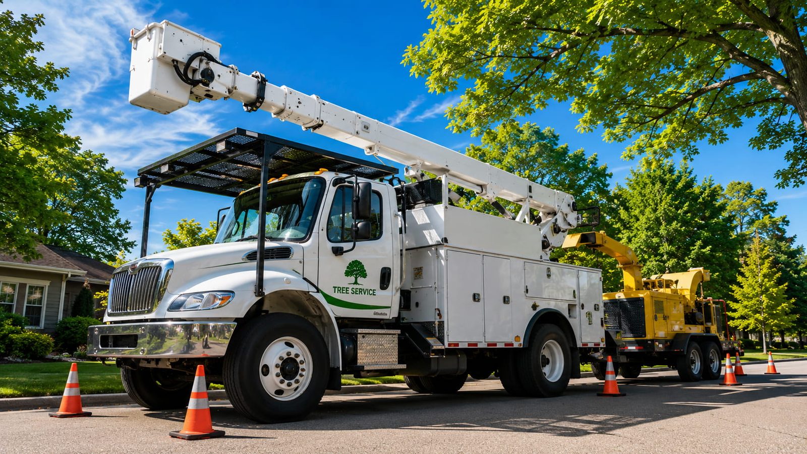 Your Tree Service bucket truck with extended boom and chipper trailer on a Michigan job site