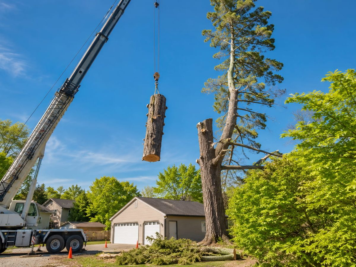 A construction crane lowering a section of a 110-foot white pine over a detached garage in Bloomfield Hills