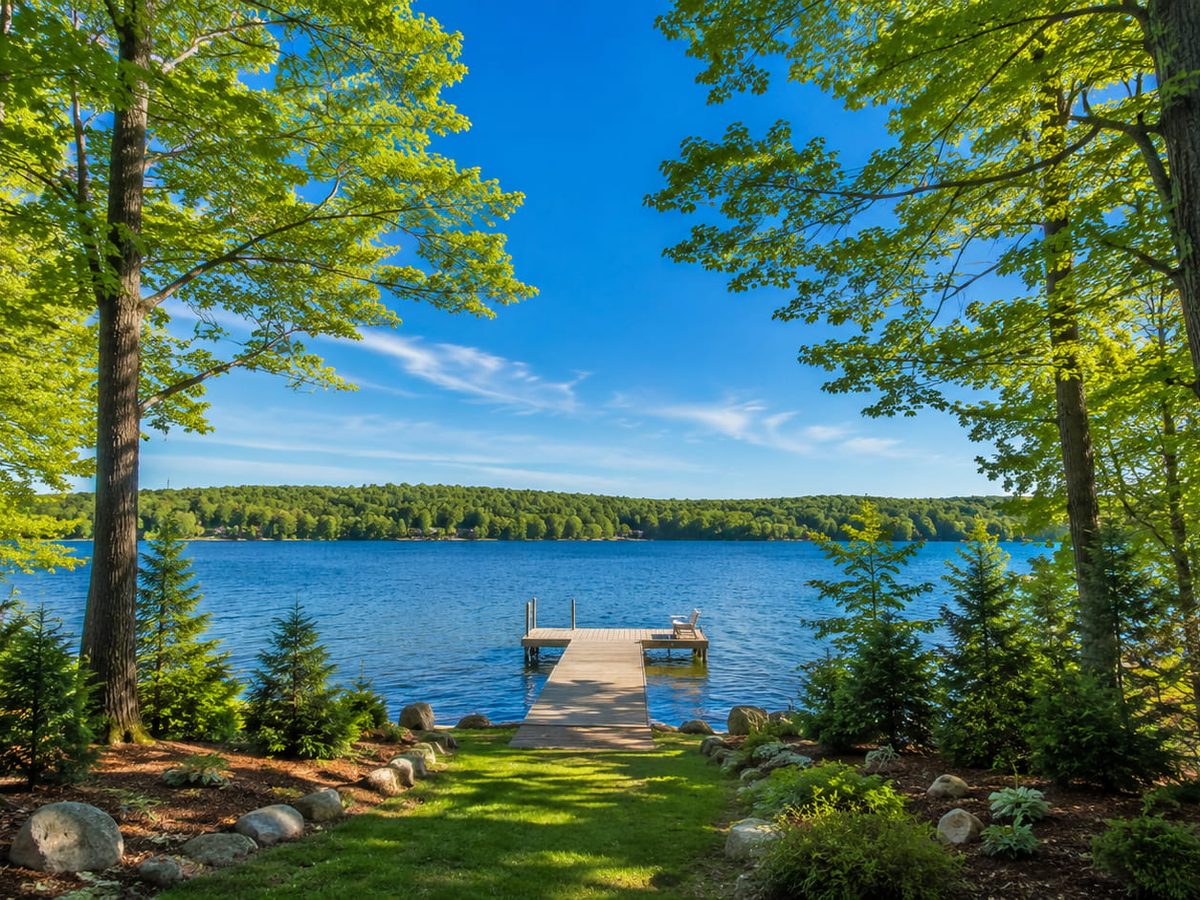 A clear sightline through trees to a peaceful Michigan lakefront with a dock