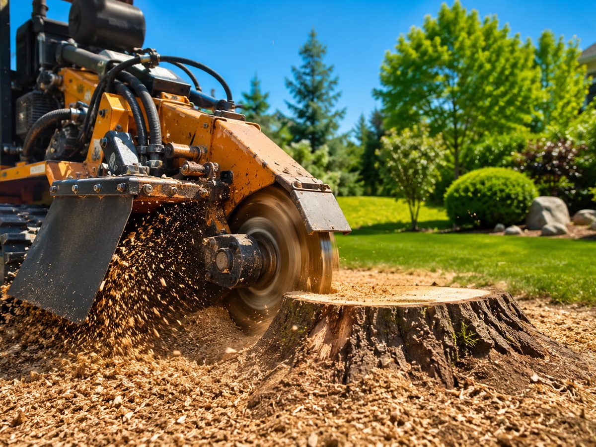 An industrial stump grinder mid-job with fresh wood chip mulch in a Troy backyard