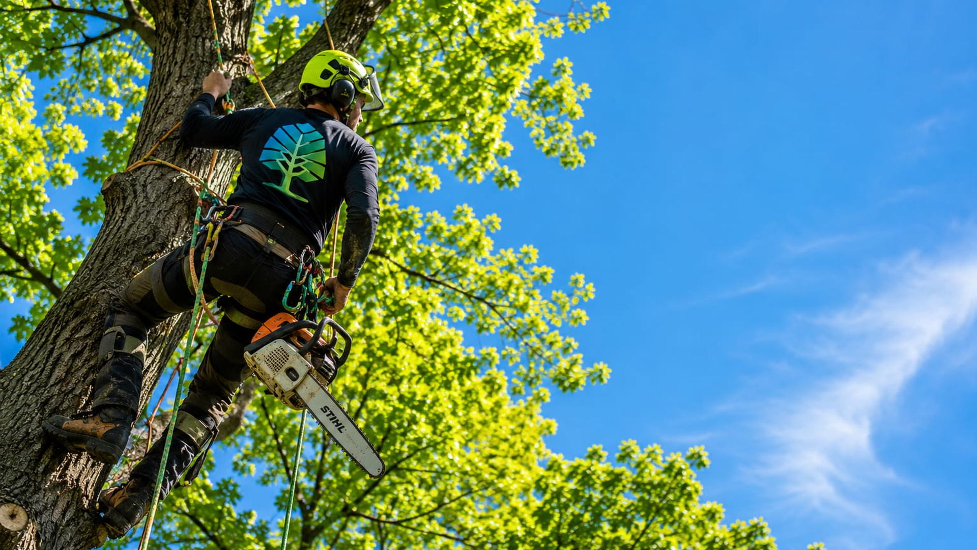 Professional arborist climbing a tree with safety gear and chainsaw