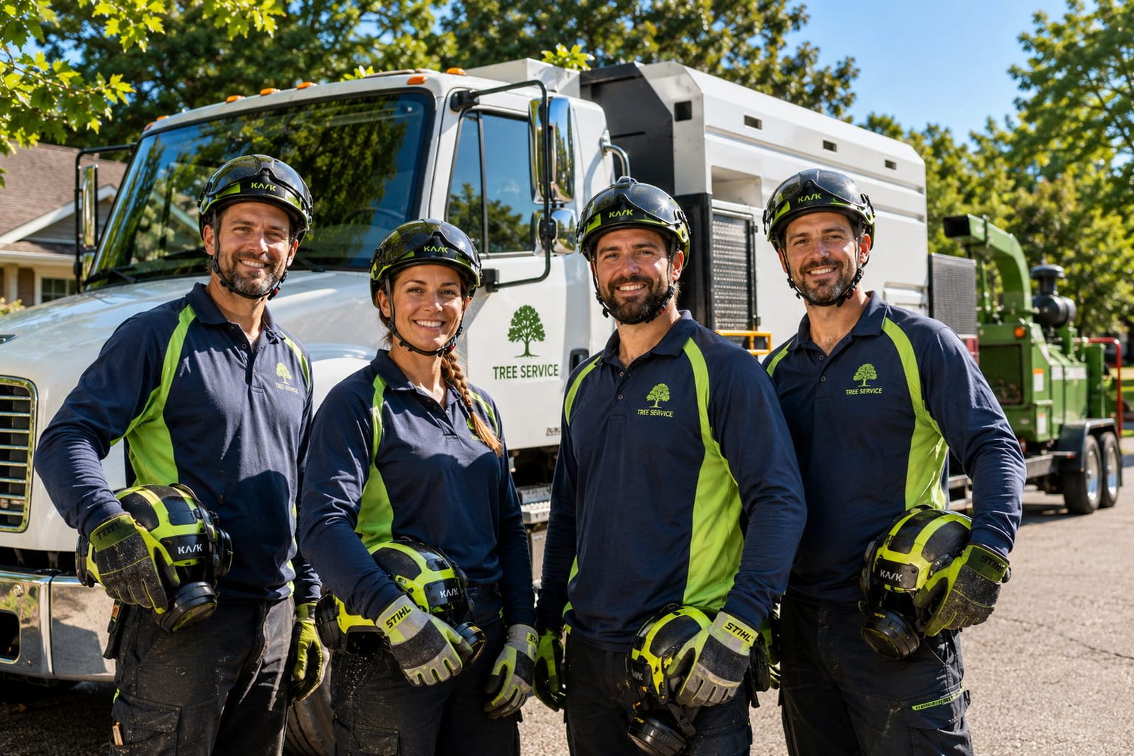The Your Tree Service crew in matching uniforms in front of their work truck